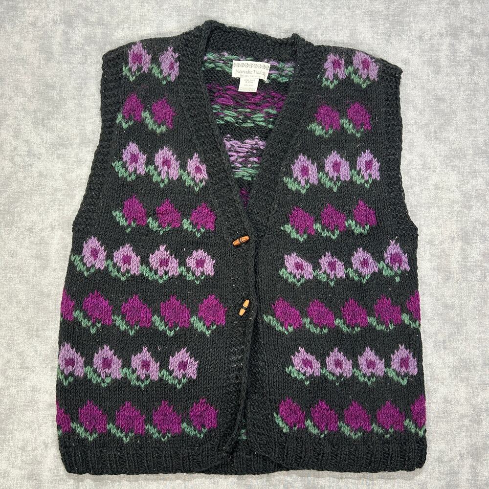 Vintage 90s Nomadic Traders Wool Hand Knit Nepal Floral Sweater Vest Womens L